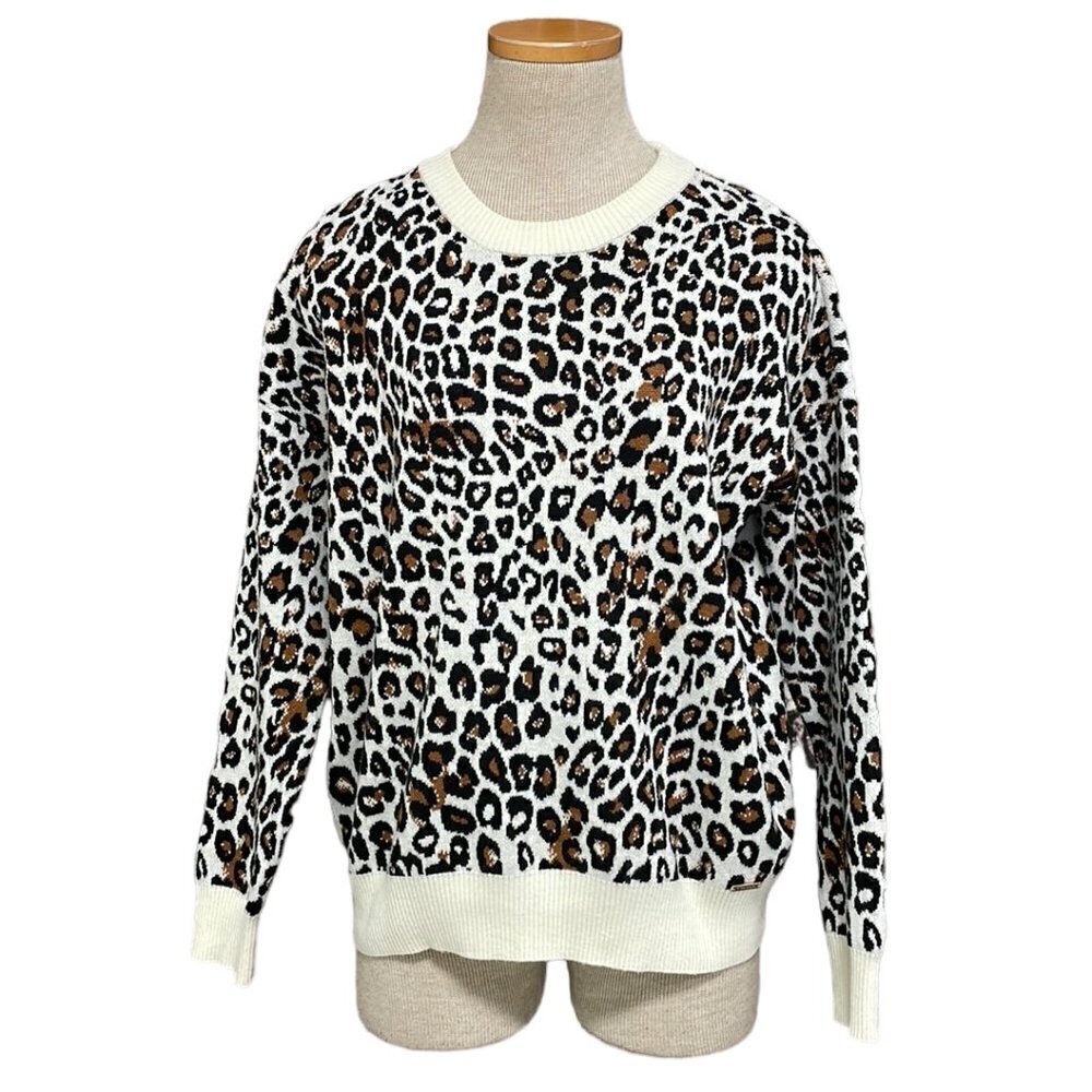 T Tahari Sweater Pullover Cheetah Print Crew Neck Brown Cream Size Small S